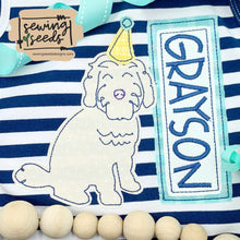 Load image into Gallery viewer, Birthday Doodle Dog with Party Hat BOY Applique SS - Sewing Seeds
