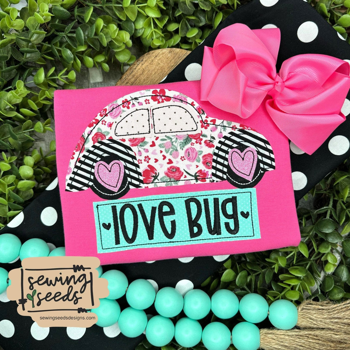 Valentine Love Bug Car with Name Tag Applique SS Sewing Seeds