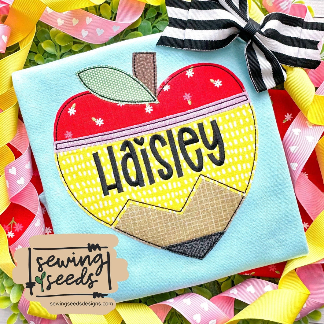 Back to School Heart Apple Pencil Applique SS - Sewing Seeds