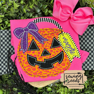 Halloween Bucket Pumpkin Jack o Lantern Girl BOW Applique SS - Sewing Seeds