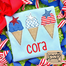 Load image into Gallery viewer, Patriotic Ice cream Cone TRIO with Stars Applique SS - Sewing Seeds