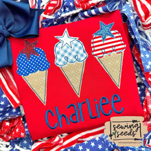 Load image into Gallery viewer, Patriotic Ice cream Cone TRIO with Stars Applique SS - Sewing Seeds