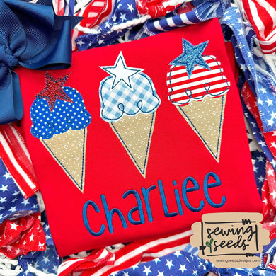 Patriotic Ice cream Cone TRIO with Stars Applique SS - Sewing Seeds