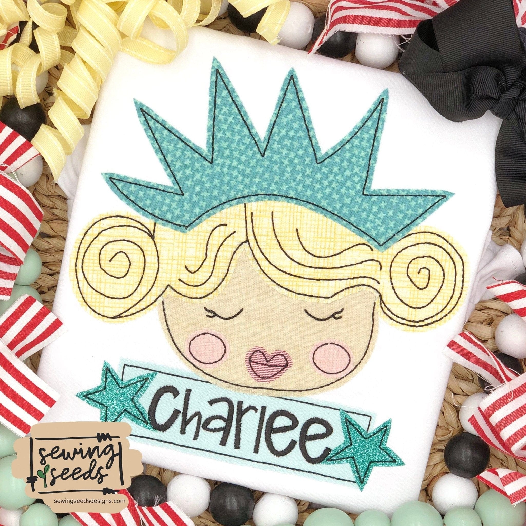 Patriotic Miss Lady Liberty with Star Name Tag Applique SS – Sewing Seeds