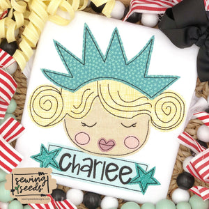 Patriotic Miss Lady Liberty with Star Name Tag Applique SS - Sewing Seeds