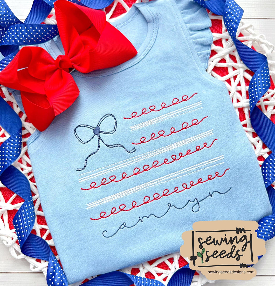 Patriotic Scribble Flag with BOW Embroidery SS - Sewing Seeds