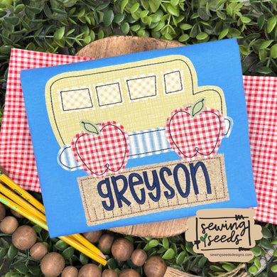 School Bus with Apple Wheels BOY Applique SS - Sewing Seeds