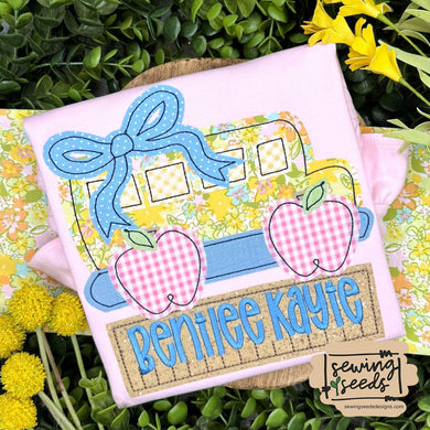 School Bus with Apple Wheels GIRL BOW Applique SS - Sewing Seeds