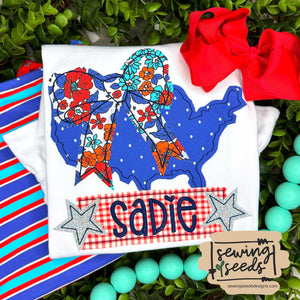 USA with Big BOW with Star Name Tag Applique SS - Sewing Seeds