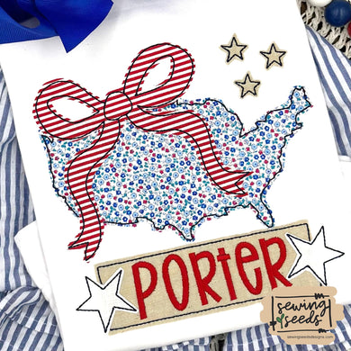 USA with BOW with Name Tag Applique SS - Sewing Seeds