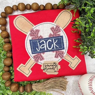 Baseball Bat with Name Tag Applique SS - Sewing Seeds