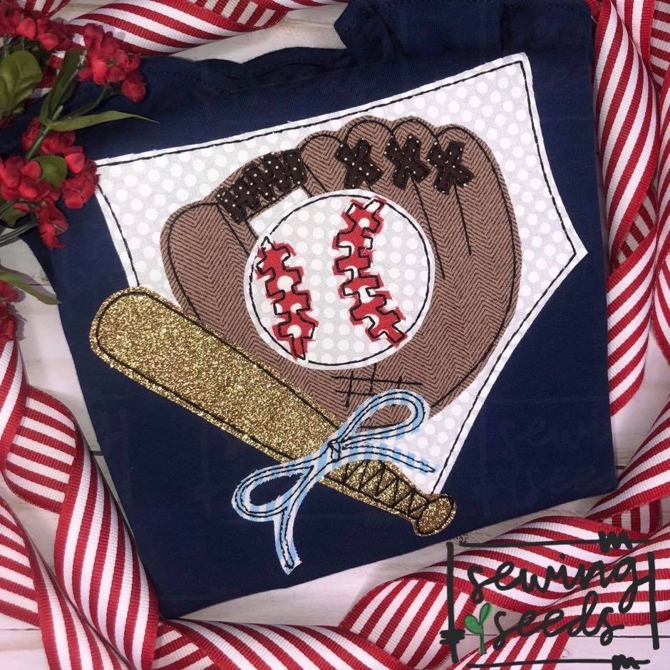 Baseball Home Plate, Glove and Bat with BOW Applique SS - Sewing Seeds