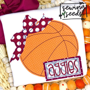 Basketball with Name Tag Bow GIRL Applique SS - Sewing Seeds