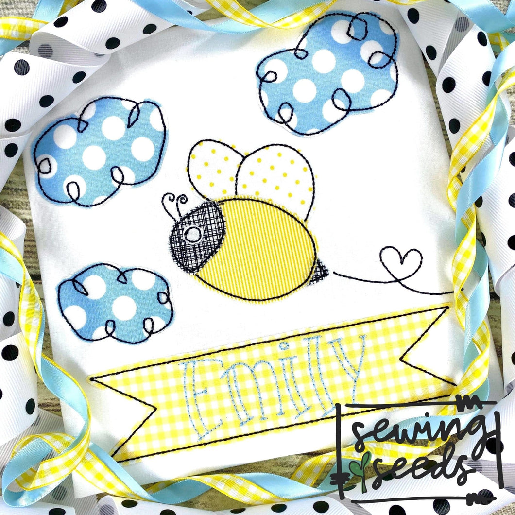 Bee with Name Banner Applique SS - Sewing Seeds
