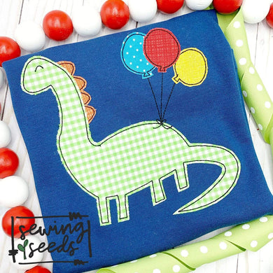Birthday Dino with Balloons Applique SS - Sewing Seeds