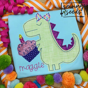 Birthday Dino with Cupcake BOW Applique SS - Sewing Seeds