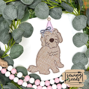 Birthday Doodle Dog with Party Hat GIRL with Bow Applique SS - Sewing Seeds