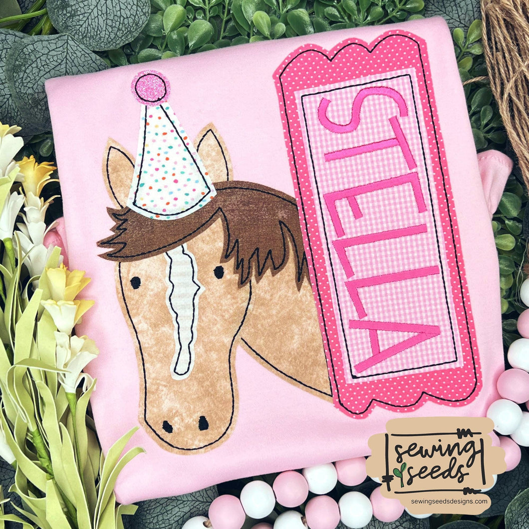 Birthday Horse with Hat Applique SS - Sewing Seeds