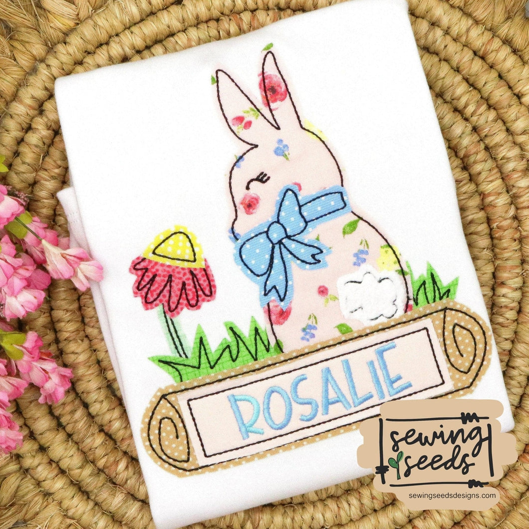 Bunny with Flower on Log Name Tag Applique SS - Sewing Seeds