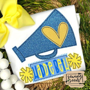 Cheer Megaphone with Pom Pom Name Tag Applique SS - Sewing Seeds