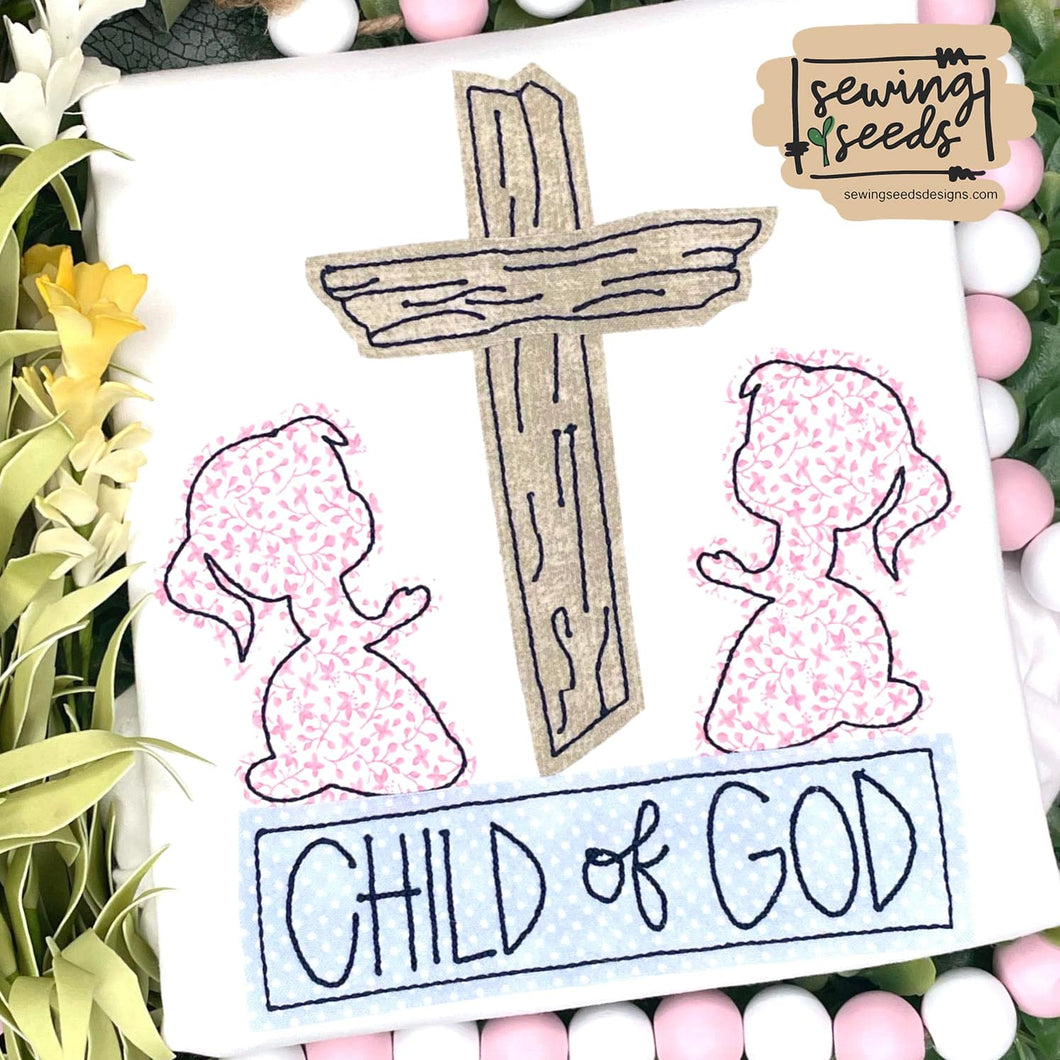 Child of God GIRL with Wooden Cross Applique SS - Sewing Seeds