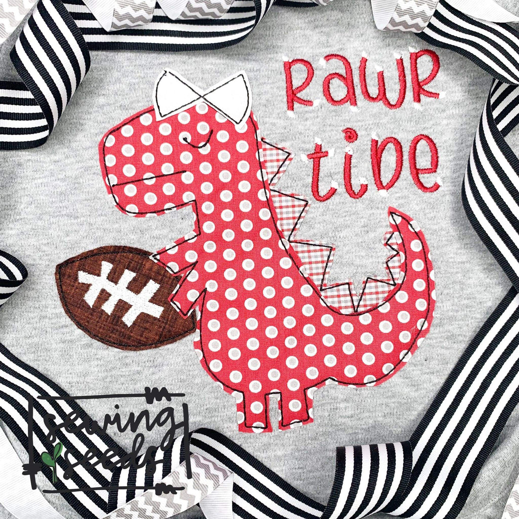 Dino with Bow Football Applique SS - Sewing Seeds