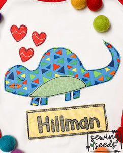 Dino with Hearts Applique SS - Sewing Seeds