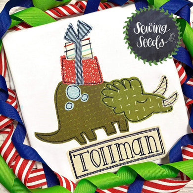 Dinosaur with Presents Christmas Birthday Applique SS - Sewing Seeds