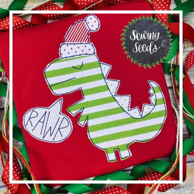 Dinosaur with Santa Hat Christmas Applique SS - Sewing Seeds