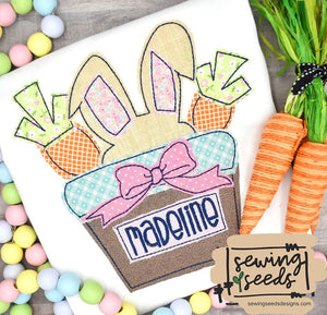 Easter Bunny in Carrot Bucket with BOW Applique SS - Sewing Seeds
