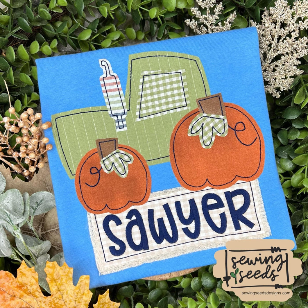 Fall Pumpkin Tractor Applique SS - Sewing Seeds