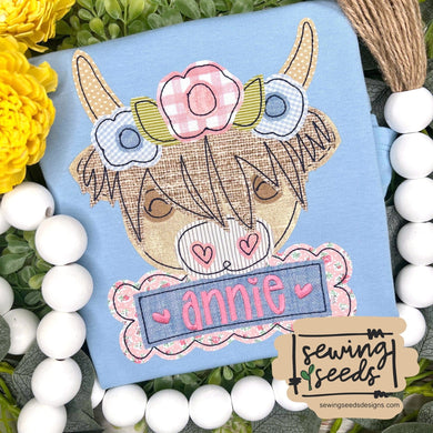 Floral Highland Cow GIRL Applique SS - Sewing Seeds