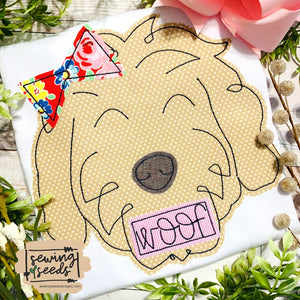 Goldendoodle Dog GIRL with Bow Applique SS - Sewing Seeds