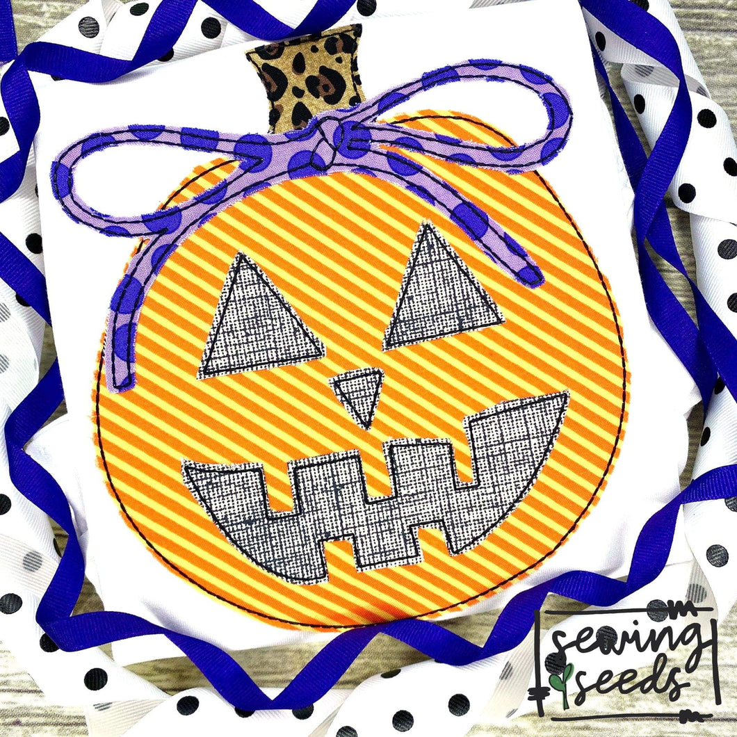 Jack o Lantern with Bow Pumpkin Applique SS - Sewing Seeds