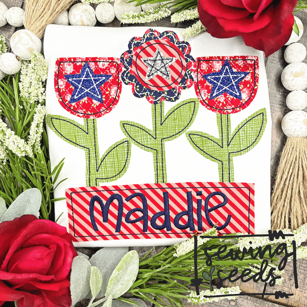 Patriotic Floral Trio with Name Tag Applique SS - Sewing Seeds