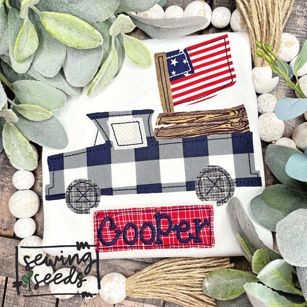 Patriotic Truck with Flag with Name Tag Applique SS - Sewing Seeds
