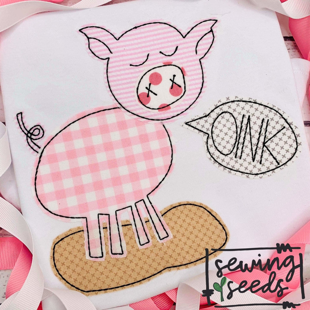 Pig with OINK Word Bubble Applique SS - Sewing Seeds