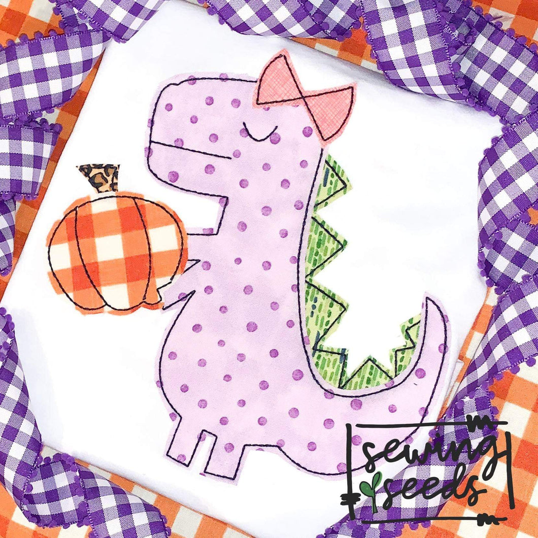 Pumpkin Dino with Bow Applique SS - Sewing Seeds