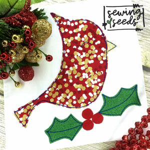 Red Cardinal with Holly Applique SS - Sewing Seeds