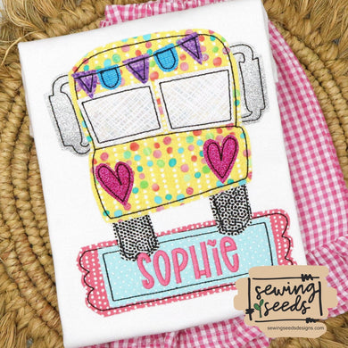 School Bus Front Banner GIRL Applique SS - Sewing Seeds