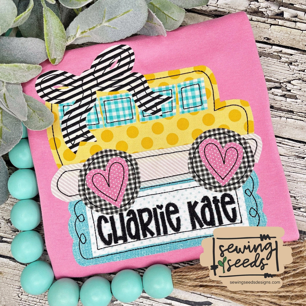 School Bus with BOW GIRL Applique SS – Sewing Seeds