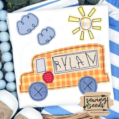 School Bus with Sun and Clouds Applique SS - Sewing Seeds