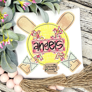 Softball or Baseball with Bow on Bats Applique SS - Sewing Seeds