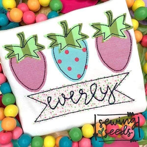 Strawberry Trio with Name Banner Applique SS - Sewing Seeds
