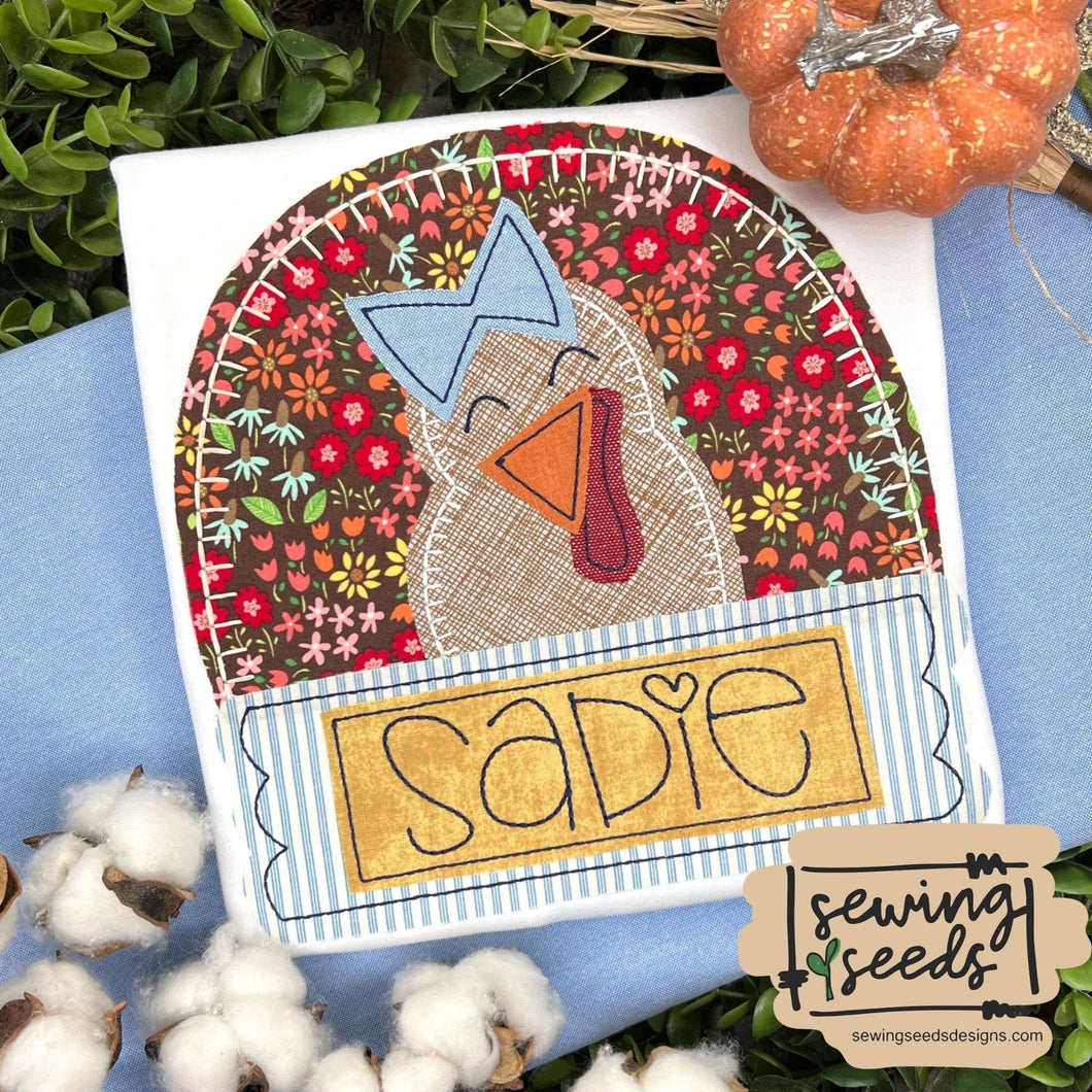 Thanksgiving GIRL Turkey with Name Tag Applique SS - Sewing Seeds
