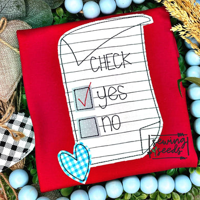 Valentine Check Yes or No Applique SS - Sewing Seeds