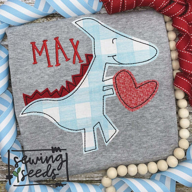 Valentine Dino with Heart Applique SS - Sewing Seeds