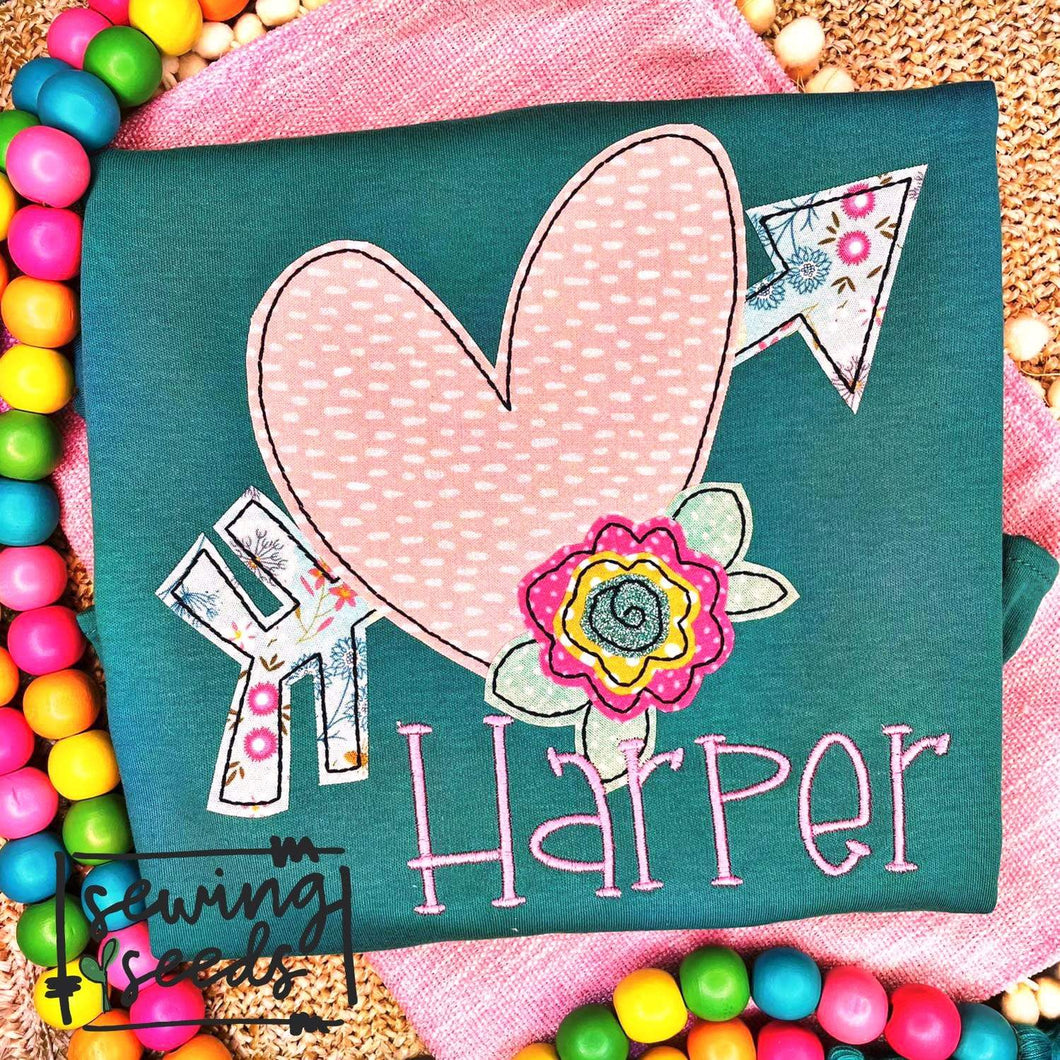 Valentine Heart Arrow with Flower Applique SS - Sewing Seeds