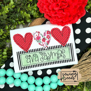 Valentine Heart Trio with Double Name Tag Applique SS - Sewing Seeds