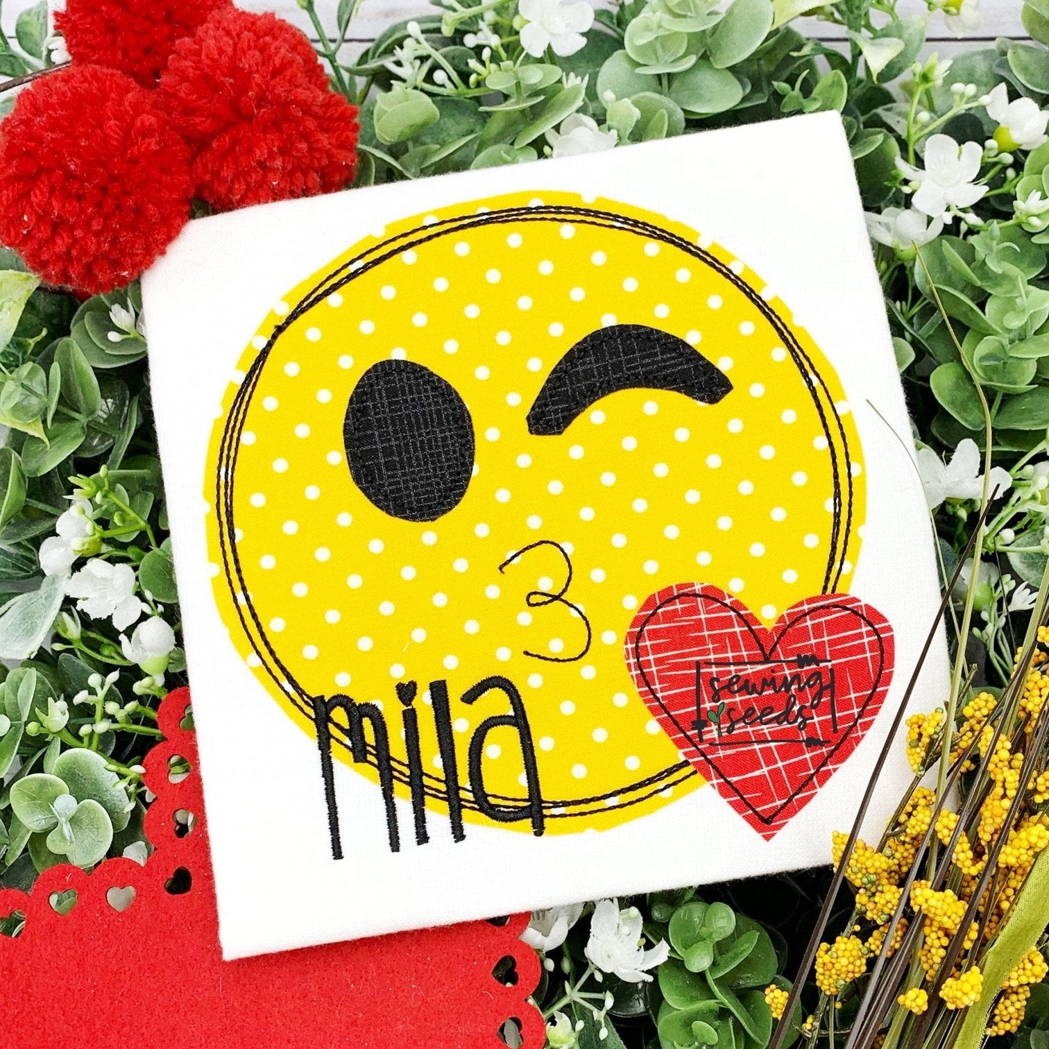 Valentine Wink Kissy Emoji Applique SS Sewing Seeds